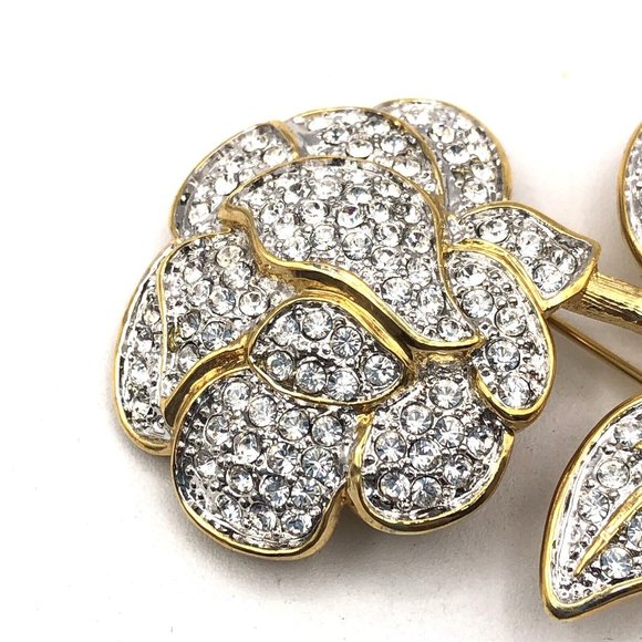 NOLAN MILLER Large Pave Rhinestone Rose Flower Gold Tone Pin Brooch 4" - Picture 4 of 10